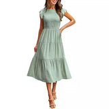 2025 Summer Hot Women's Clothing New To Take Flying Sleeves Pure Color Folding Short-Sleeved Dress Women