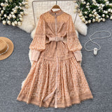 Court-Style Dress Woman's Spring 2025 New French Elegant Embroidered Lantern Sleeves Waist Single Buckle Large Swing Dress