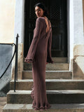 Autumn New Women's Pure-Colored Round-Neck Long Sleeves To The Wooden Ear Dress