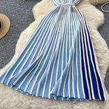 High-End Sleeveless Knitted Striped Dress Women's Summer Slanted Belt Lightly Mature Sister Temperament Long Skirt