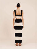 Middle East New Women's Black And White Knitted Striped Long Suit Vest With Sweater Skirt