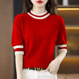 2025 Round Collar Half-Sleeve Tight Cover Sweater Five-Point Sleeve Top Female Knitting Bottom Flying Sleeve Half-High Collar