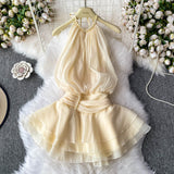 Spring And Summer 2025 New Products Hanging Neck Bare Back Texture Crippling Poneng Dress To Close The Waist Tie Sweet Holiday Wind