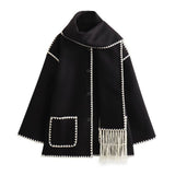 Women's Clothing French Fashion Single Buckle Tuxedar Scarf Splicing Coat