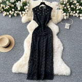 Vintage Light Luxury High-End Sleeveless Dress Female Summer Mesh Yarn Hollow Hook Open Fork Design Long Dress