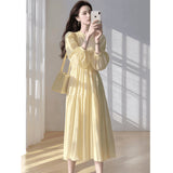 French Yellow Bubble Sleeve Collar Dress Women Spring Lazy Wind Loose Waist Thin Swing A Word Dress