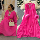 Autumn 2025 New Elegant Solid Dress Round Collared Loose Hair Splicing 100 Folding Long Dress