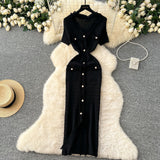 Elegant Little Scent Retro V-Neck Metal Single-D Row Buckle Slimming Temperament Knitted Dress Spring