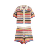 Women's 2025 New Crochet POLO Shirt Collar Striped Crochet Shorts Set