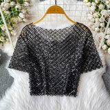 Station Heavy Industry Nail Polish Glid Round Neck Short Sleeve T-Shirt Women's High-End Temperament Slimming Short