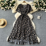 Design-Sense Piece Of V-Neck Tie With Short Sleeves Of Broken Flower Dress Women's Summer Thin Temperament French Dress