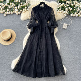 French Retro Elegant Dress Woman 2025 New High-End Collar Single Buckle Waist Embroidery Mesh Dress