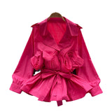 Light Luxury Thousand Gold Wind High-End Suit Collar Shirt Women Autumn Lotus Side Ribbon Belt Design Fried Street Jacket Jacket