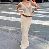 2025 Summer In Women's New Hollow Perspective Sling Knitted V-Neckless Sleeveless Long Dress