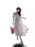 French One-Word Shoulder-Sling Sling Dress Woman Gentle Wind Chopped Flower Bubble Sleeve Yarn Fairy Dress 1956