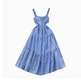 Summer French Retro Folding Sling Dress Female High Waist Show Leaning Vacation Dress 0285