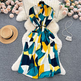 Light Luxury Retro V-Neck Print Dress Women's Summer French Tamped Loose Thin Long Shirt Skirt