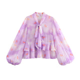 2025 Spring Printing Lotus Leaf Lantern Sleeve Top Shirt