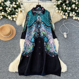 Three-House Folded Dress Women's Autumn 2025 Retro Collar Long Sleeves Loose A-Word Printing Skirt