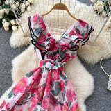 French Elegant Dress Women's Summer Famous High-End Feel Lotle Side V-Neck Waist Thin Print Large Swing Dress