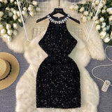 Light Luxury Thousand Gold Wind High-End Hanging Neck Dress Women's Summer Glide Diamond Design Niche Temperament Ass And Hip Skirts
