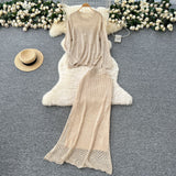 Gentle Wind High-End Sleek Crochet Knitting Set Of Women's Round Collar Long Sleeve Blouse High-Waisted Hip Skirt