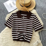 Short-Sleeved Knitted Women 2025 Summer South Korea Ins New Trendy Sleek Striped T-Shirt Women's Tops