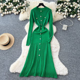 French Small Fragrant High-Grade Metal Buckle Waist Dress Women 2025 Autumn Thin Temperament Hollow Knitted Long Dress