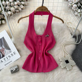 Fashion Design Feeling Hanging Neck Dew Single Buckle Slim Thin Knit Vest Women Wear Gas Bottom Shirt