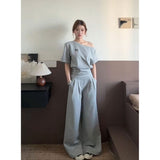 Fashion Korean Design Feels The Shoulder Shawl Wide Leg Trousers Two Sets Of Sports Style Wear Fashion Age Reduction Set