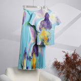 Miyaji Fashion Set Women's Summer French High-Grade Folding Print Short-Sleeved Top + Loose A Word 100-Fold Long Skirt