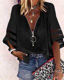 2025 New V-Neck Zipper Shirt Half-Horn Sleeve Grid Spliced Loose Casual Shirt For Women
