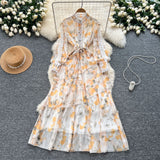 French Dress Women 2025 New Fashion Collar Single Buckle Waist Lace Splicing Lotle Side Print Dress