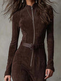 2025 New Retro Modern Collar Zipper High Open Forked Waist Temperament Famous Style Dress