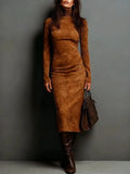 New Retro High-Necked Dress In Autumn 2025 Solid Color With Low-Sleeved Dress