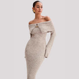 New Women's Elegant Style Fashion Collared Shoulder Dress Knitted Long Dress