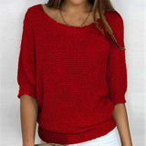 Spring New Solid Color Round Knit Shirt Women Commuting Elegant Seven-Sleeve Top Air-Conditioning Shirt