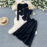 Small Fragrant Style Wears Women's Three-Piece Set Of Sleeveless Vest Metal Buckle Long-Sleeved Knitted Skirt
