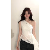 Real Price White Irregular Slanted Shoulder Sling Vest Women's Summer Design Slimming High-End Feel Blouse
