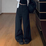 Vintage Black Quick Dry Broad Leg Trousers Women Spring And Autumn High Waist Hanging Feeling Straight Loose Trousers Tide