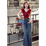 Summer Atmosphere Feeling Hong Kong Style Wearing Red V-Neck Repair Short-Sleeved T-Shirt With Temperament Micro-Tipped Jeans Women Two Sets
