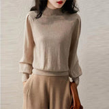 European Goods In The Ocean With Half-High Collar Knitted Women 2025 Autumn New Lantern Sleeve Cashmere Bottom Sweater Commute