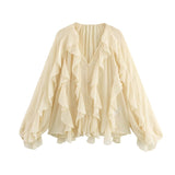 Spring 2025 New Women's V-Neck Single Buckle Long-Sleeved Cascade Decorative Shirt 10 Colors