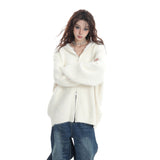 Early Autumn White Double Zipper Hooded Stingy Sweater Cardigan Soft Mashed Sweet Hot Girl Blouse