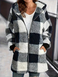 Plush Women's Coat New Wish Long-Sleeved Lattice Hooded Zip-On With Pocket Loose Coat