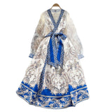 Court Retro Design Cross V-Neck Yarn Lantern Sleeve Strap To The Belt Print Big Swing Ponve Dress