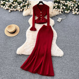 Rich Thousand Gold Wind Senior Feeling Sister Suit Female Autumn Horn Sleeve Knitted Blouse + High-Waisted Fish Tail Half-Body Dress
