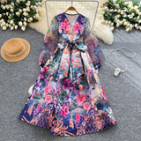 Court Retro Design Cross V-Neck Yarn Lantern Sleeve Strap To The Belt Print Big Swing Ponve Dress