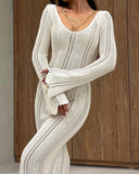 New Women's Fashion Elegant V-Neck Knitted Dress Horny Sleeves Hollowed-Braceed Long Dress