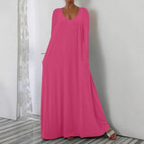 Summer New Long Dress Casual Loose Short Sleeve Pure Color V Collar Body Size Dress